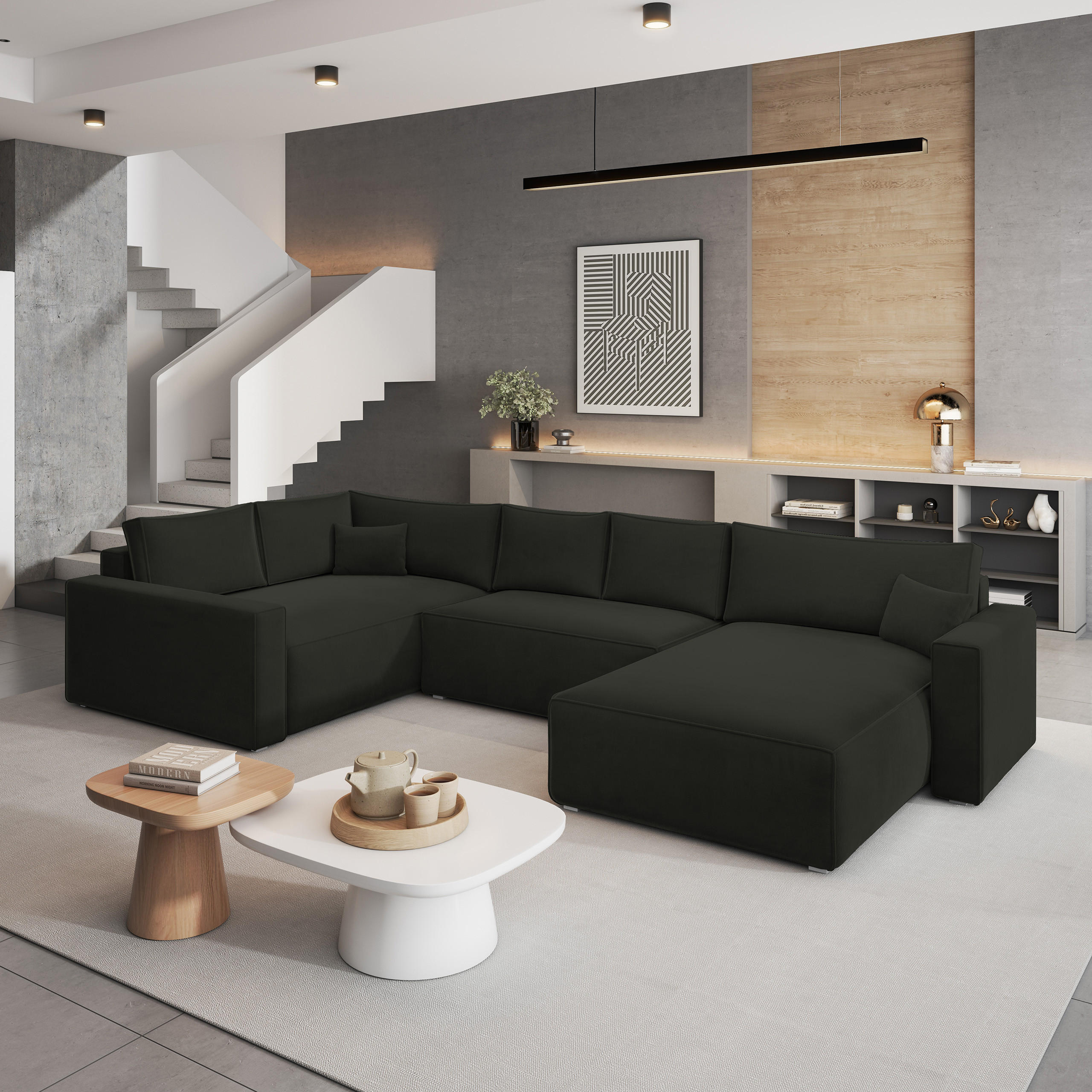 WOHNLANDSCHAFT VELAMI L-S Schwarz Velours-Stoff mit Schlaffunktion - Schwarz, Holz (365/83/194cm) - MASSENO