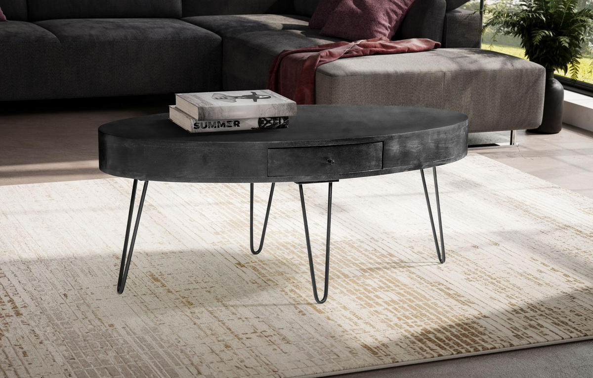 COUCHTISCH in Mango-Massivholz und Metall, 100x50x40 cm, Oval, mit Schublade, Stauraum und Haarnadelbeinen - Schwarz, Holz/Metall (50/100/40cm) - KADIMA DESIGN