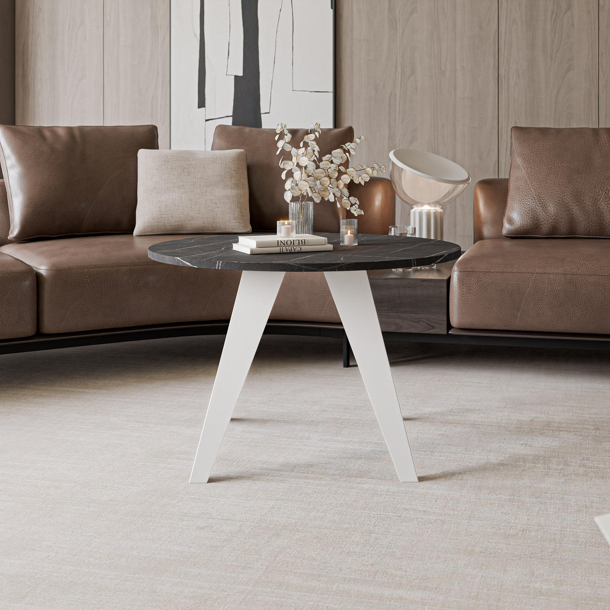 COUCHTISCH FRESCO 75/50 cm runden, Weiß / Grigia Pietra (Steingrau) - Weiß/Grau, Metall (75/75/50cm) - Idohome