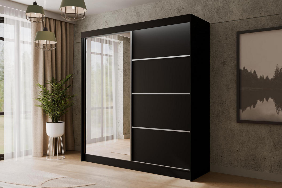 KLEIDERSCHRANK PAOKI mit LED - 200 cm - Schwarz - Schwarz, Holzwerkstoff (200/215/61cm) - ALTDECOR