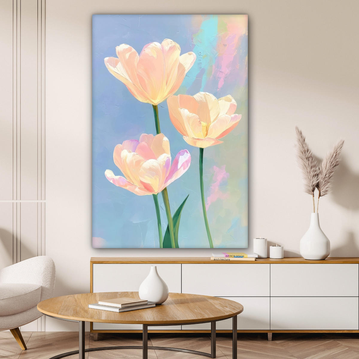 LEINWANDBILD Tulpen - Rosa Akzente - Blau Deko Groß 90x140 cm - Pastellblau, Textil (90/140cm) - MuchoWow