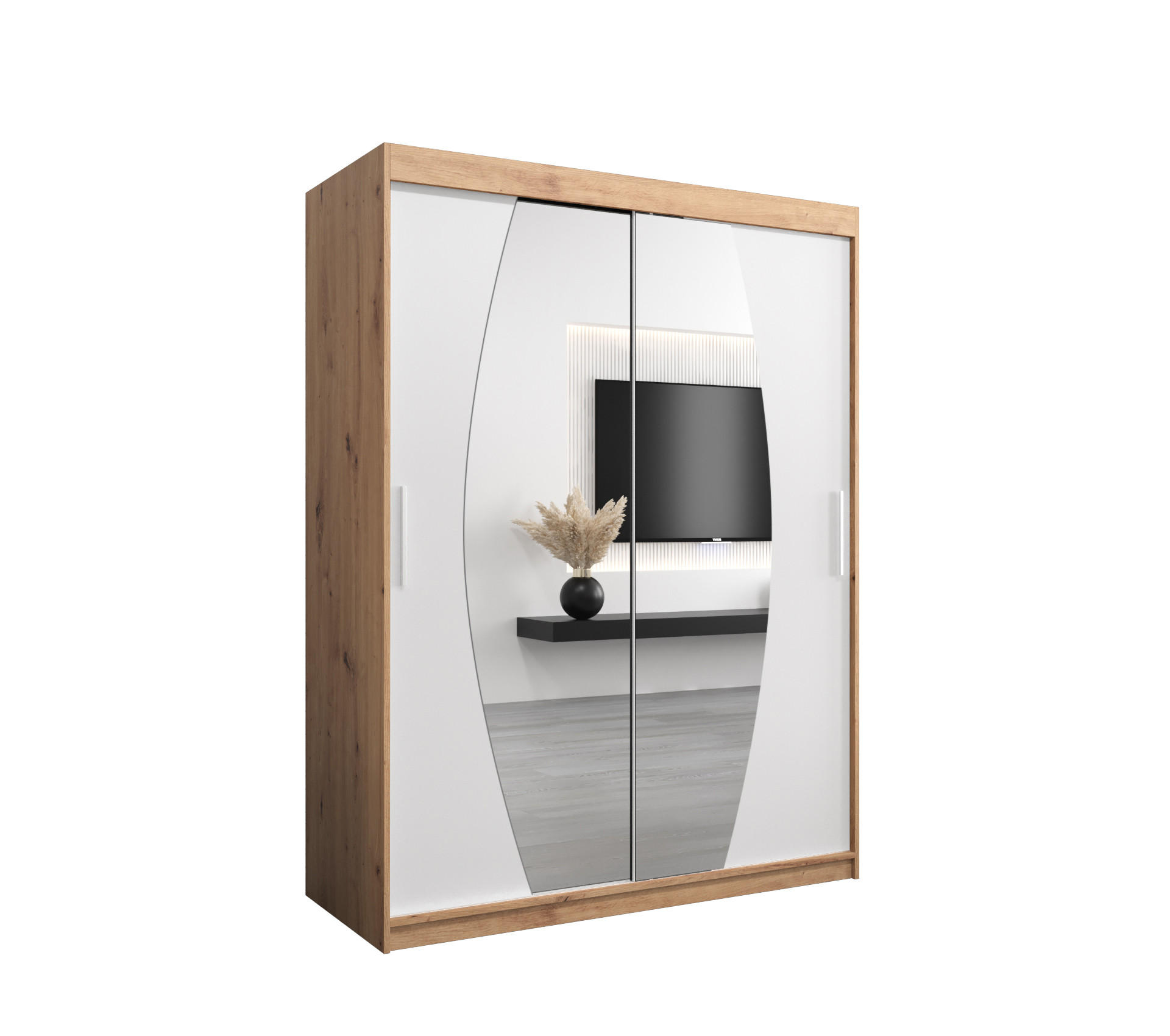 Abiks Möbel Schwebetürenschrank Eiche Artisan, Weiß 150x200x62 cm