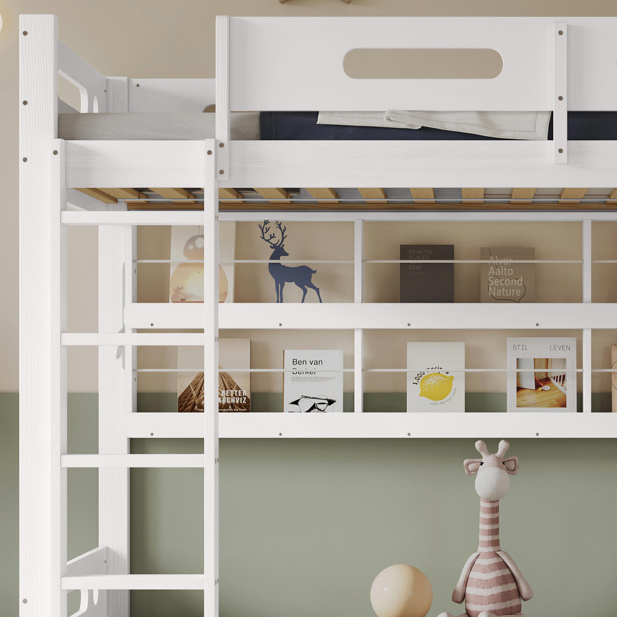 ETAGENBETT 90/200 cm in Weiß & Natur Kinderbett mit Regal und 5-stufiger Leiter - Weiß, Holzwerkstoff (90/200cm) - STILVORA