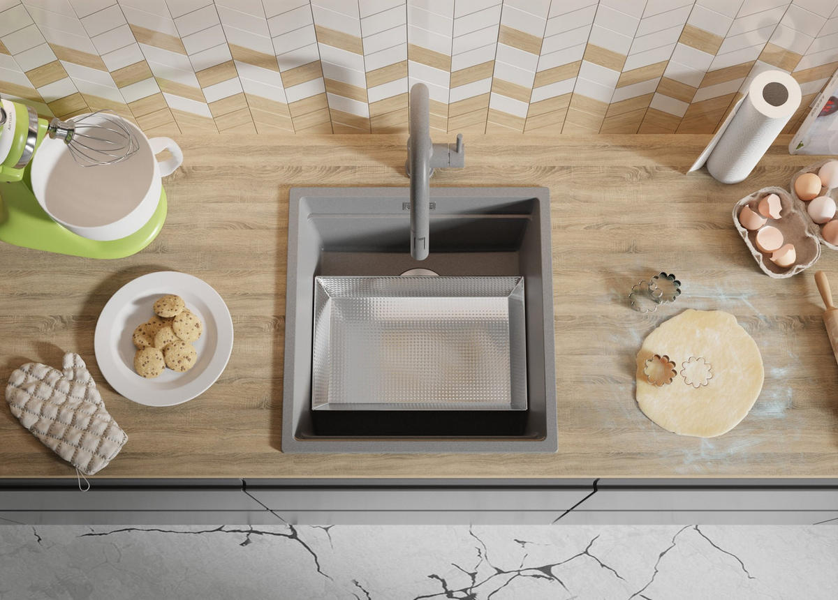 SPÜLBECKEN Praga Slim, 2-er set Grau 46/47 cm 1 Becken + Ablauf-Set + Aufrollbare Abtropffläche ab 50er Unterschrank - Chromfarben/Grau, Kunststoff (46/20/47cm) - Primagran