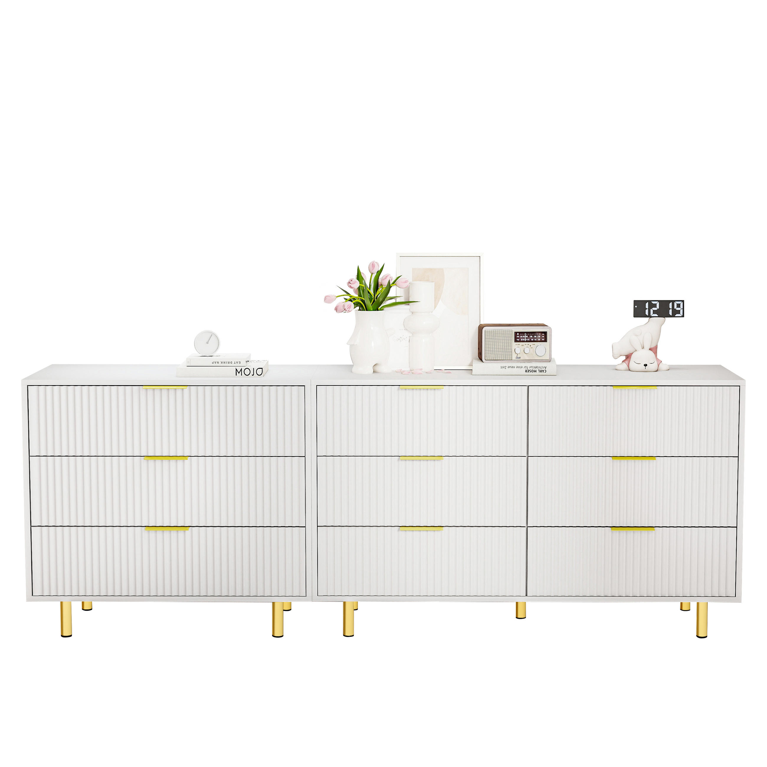SIDEBOARD aus MDF 200x40x72 cm Weiß mit 9 Schubladen, modularer Aufstellung und goldfarbenen Metallbeinen - Weiß, Holzwerkstoff (200/72/40cm) - Modfu