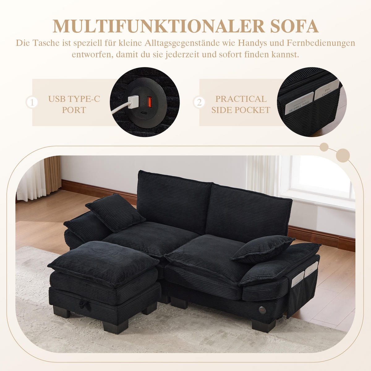 2-SITZER-SOFA DE-33749 mit Hocker und USB-C Schwarz - Schwarz, Metall (190/84/132cm) - ComfortXL