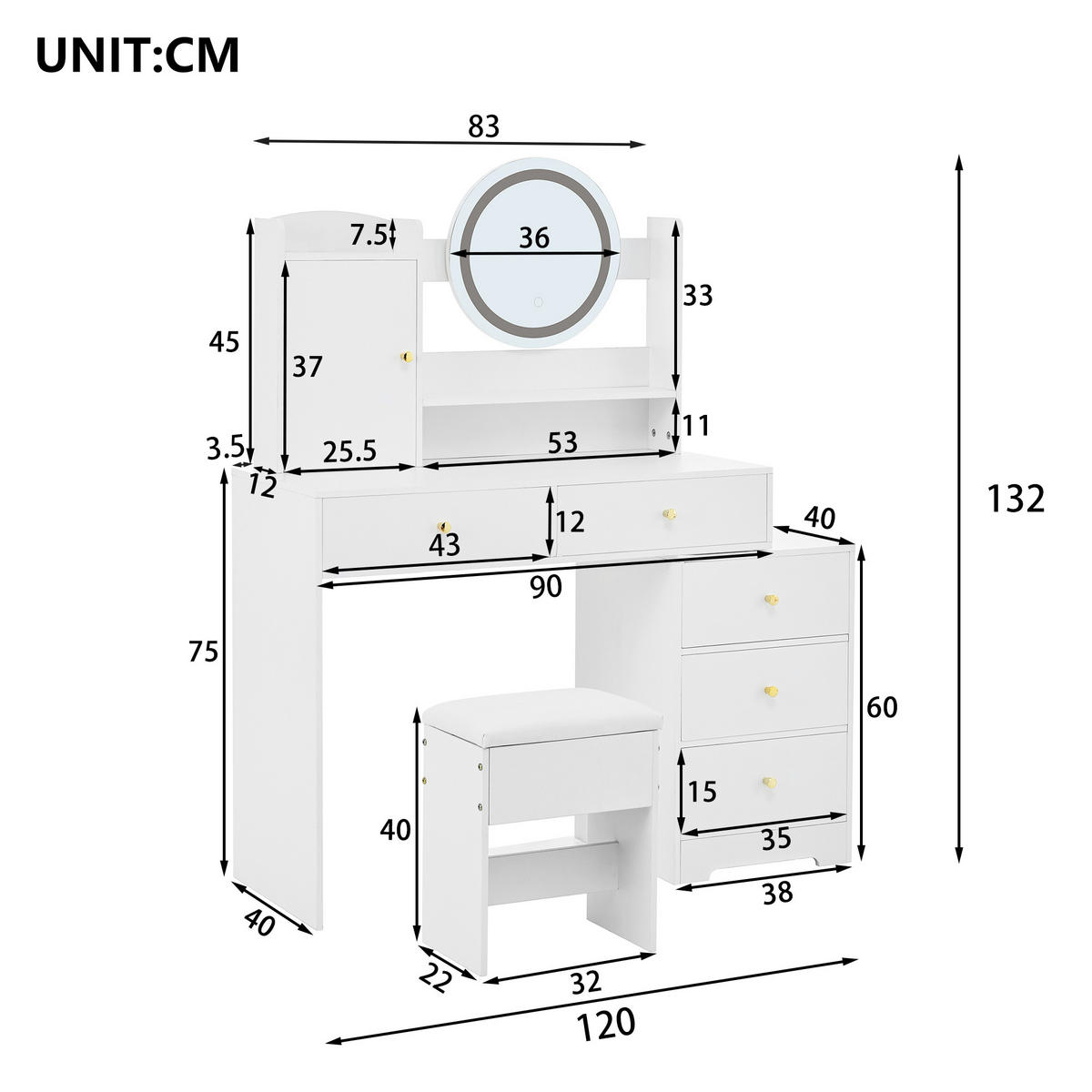 SCHMINKTISCH-SET mit LED-Beleuchtung & Hocker Weißer 90×40×132 cm - Weiß, Glas/Holzwerkstoff (90/132/40cm) - Urban Meuble
