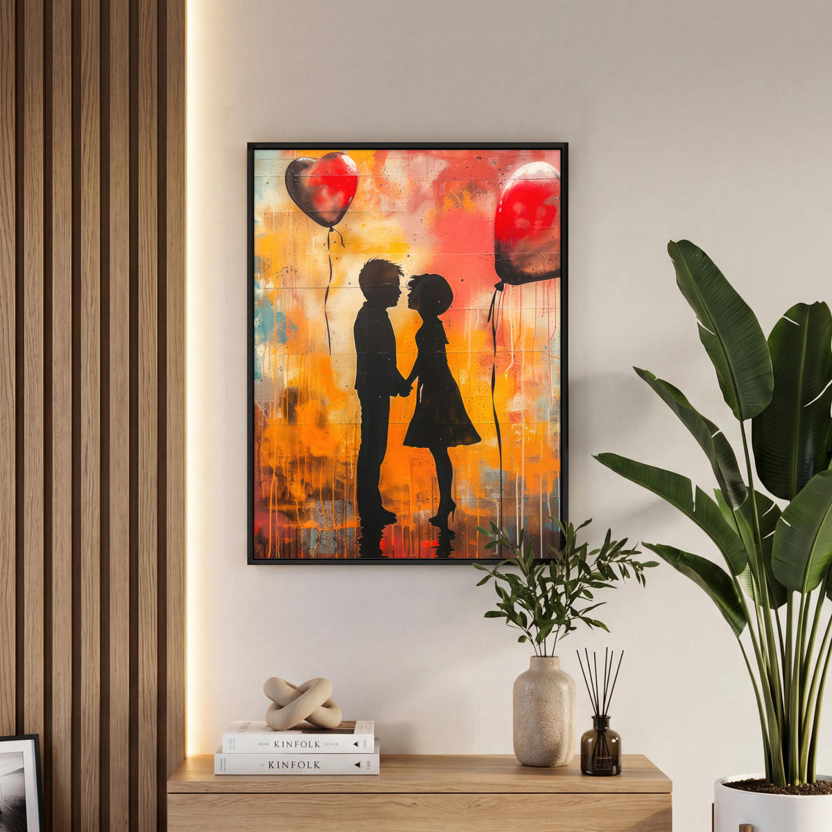 LEINWAND Bilder mit Rahmen - Straßenkunst - Liebe - Graffiti - Kunst - Banksy - 60x80 - Orange, Textil (60/80cm) - MuchoWow