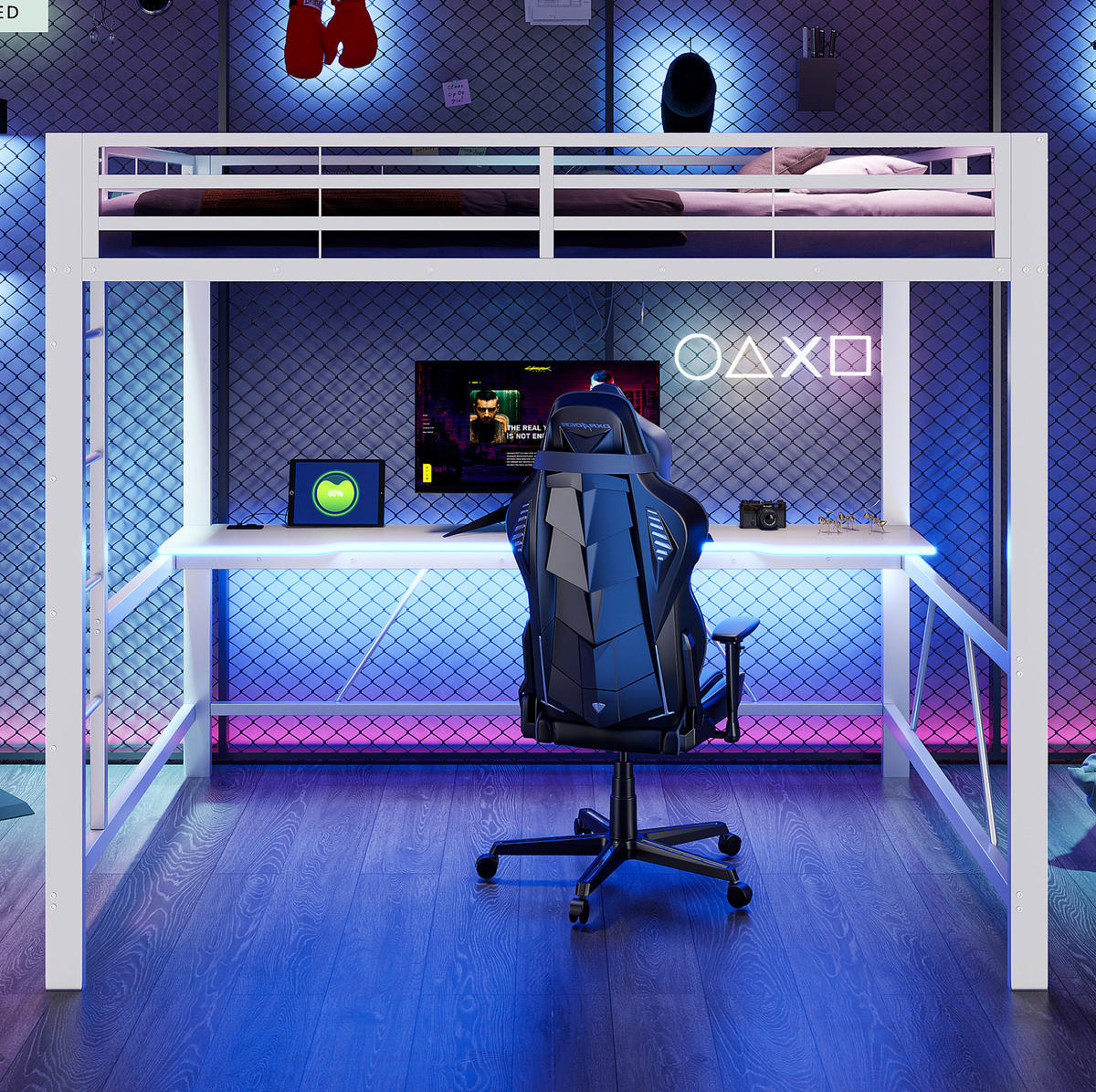 GAMING-HOCHBETT aus Metall und MDF 160x200 cm Weiß mit Schreibtisch, LED-Beleuchtung und Rundum-Schutz - Weiß, Holzwerkstoff (160/200cm) - Modfu