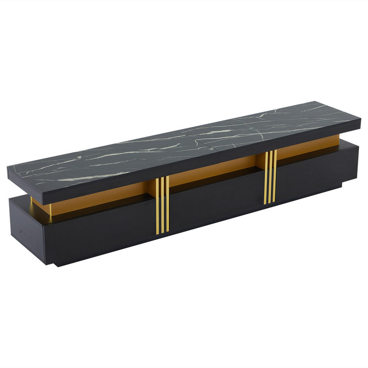 TV-SCHRANK 200x40cm Lowboard Modern Marmoroptik 3 Schubladen bis 90 Zoll - Schwarz, Holz (49.48/24.99/71.48cm) - FLIEKS