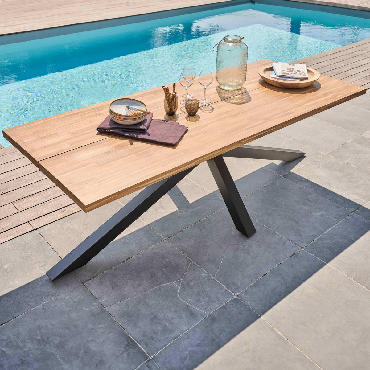 GARTENTISCH , Holz und Grau - Eichefarben/Grau, Holz/Metall (240/95/75cm) - Oviala