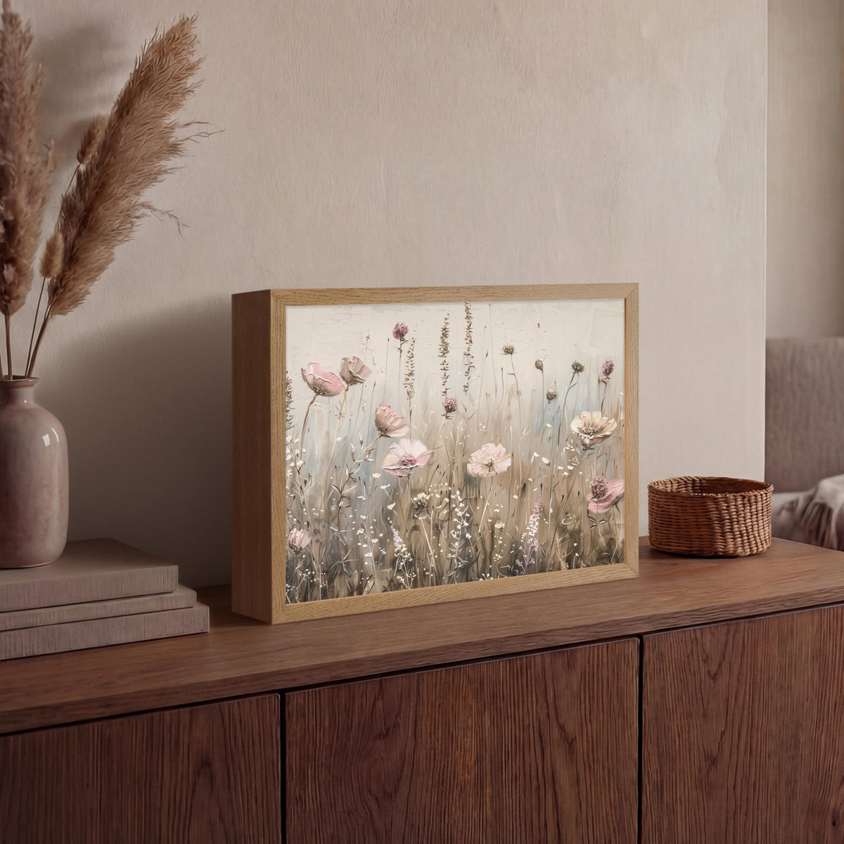NÁSTĚNNÁ LAMPA S AKUMULÁTOREM Květiny - růžová - moderní - béžová 40x30 cm - starorůžová, kompozitní dřevo (40/30/8cm) - OnlyWow