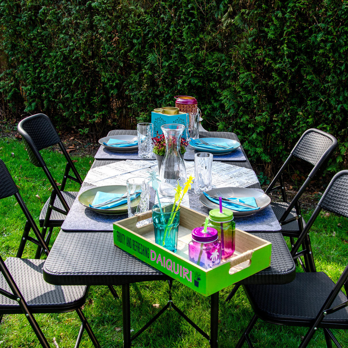 GARTEN-SITZGRUPPE für 4 Personen, 180/74cm, Rattan - Schwarz, Kunststoff - Amanka