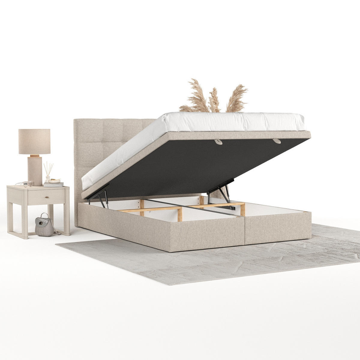 POLSTERBETT Guam mit Stauraum 120/200 cm Hellbeige im Megan Stoff - Beige/Schwarz, Holz/Holzwerkstoff (120/200cm) - AltaBeds