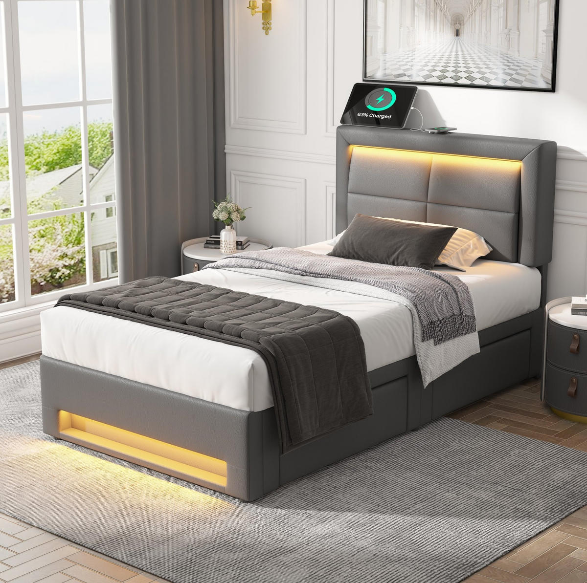 POLSTERBETT 90/190 cm mit USB-Anschluss, LED-Beleuchtung, 4 Schubladen und PU-Bezug, Grau - Grau, Kunststoff (90/190cm) - Redom