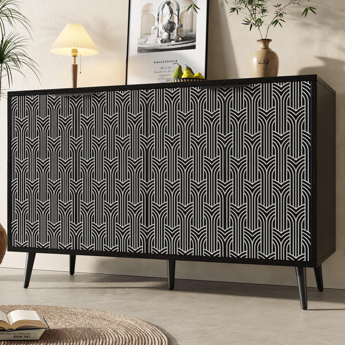 SIDEBOARD 120/35/78 cm, schwarz-weißes Geometriemuster, verstellbare Einlegeböden, Schwarz - Schwarz, Holzwerkstoff (120/78/35cm) - Redom