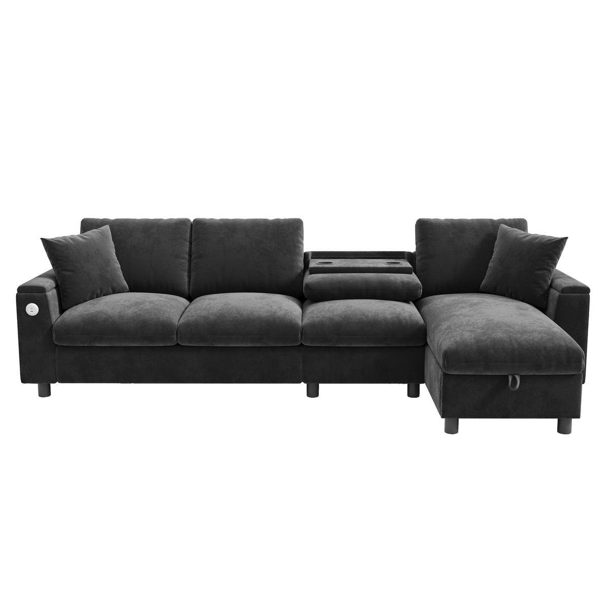 ECKSOFA 280/137/84 cm Grau mit Ausklappbarer Couchtisch und Stauraum - Grau, Textil (280/137cm) - Oxeza