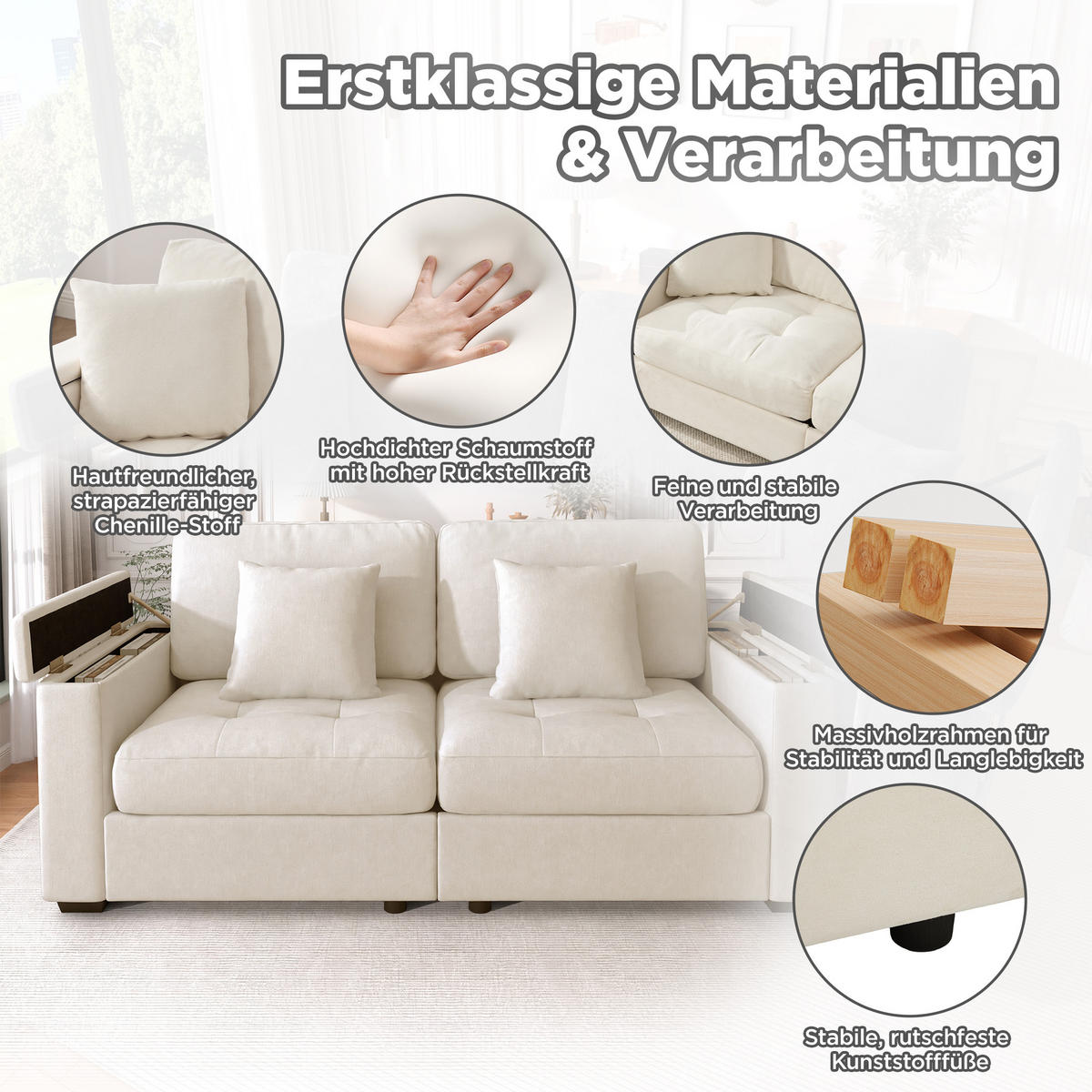 2-SITZER-SOFA DE-35382 mit Stauraum Beige - Beige, Holzwerkstoff (81.5/84/180cm) - ComfortXL