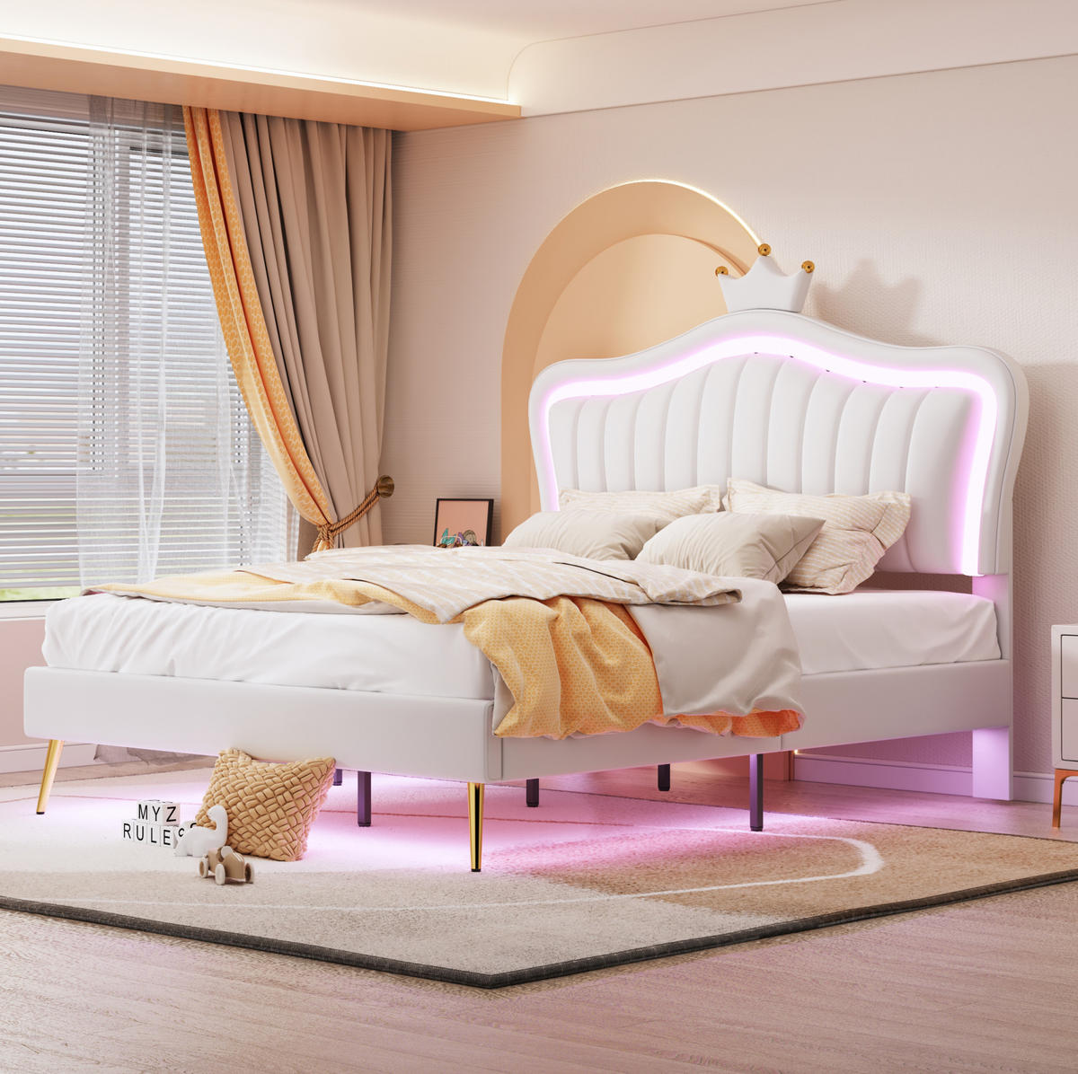 POLSTERBETT 140/200 cm weiß mit LED-Beleuchtung und Kronen-Kopfteil - Weiß, Textil (140/200cm) - OKWISH