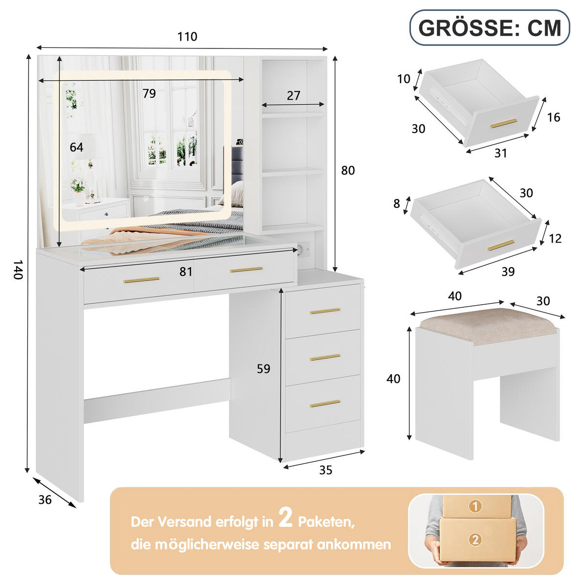 SCHMINKTISCH Glasplatte mit LED-Spiegel, Steckdose & Hocker - Weiß, Holzwerkstoff (36/140/110cm) - SHOPENTRA