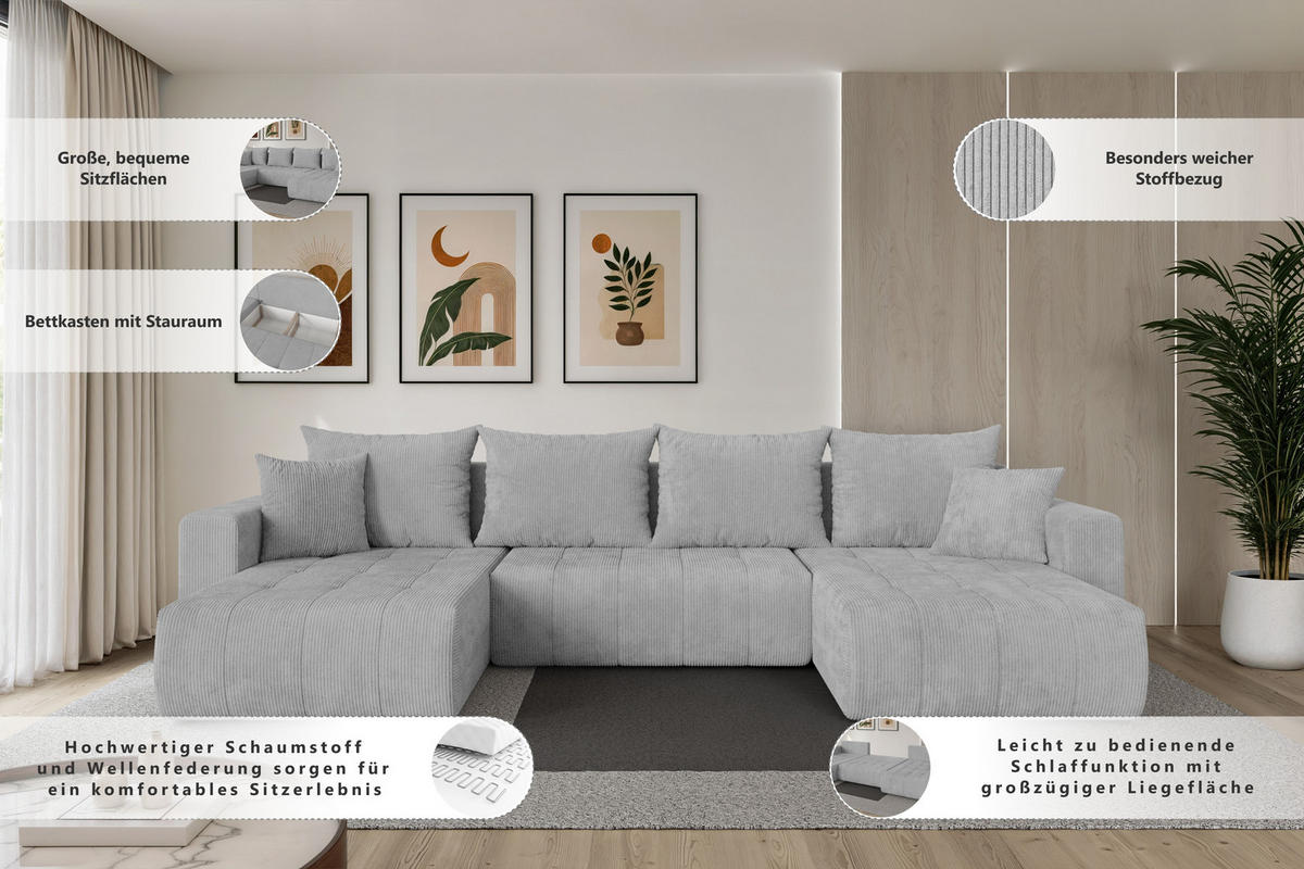SEDACÍ SOUPRAVA DO U s funkcí spaní a úložným prostorem MILA-U 378x194x86 hořčicově žlutá manšestr - černá/tmavě žlutá, kompozitní dřevo/textil (378/86/194cm) - ALTDECOR