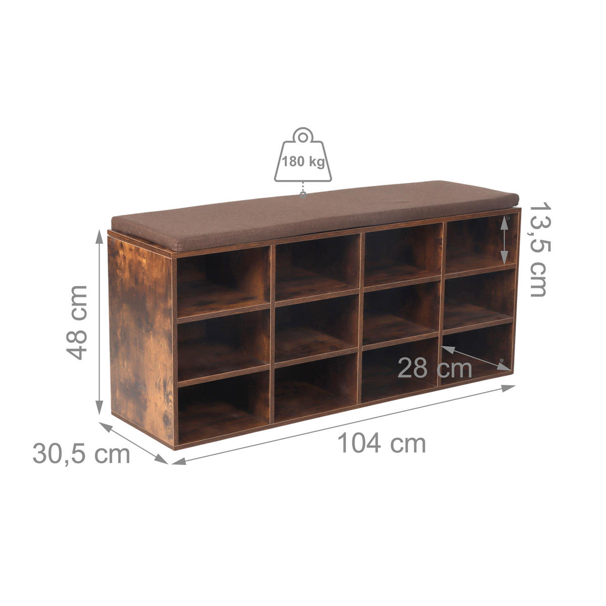 SCHUHBANK - Dunkelbraun, Holzwerkstoff/Textil (104/48/30.5cm) - Relaxdays