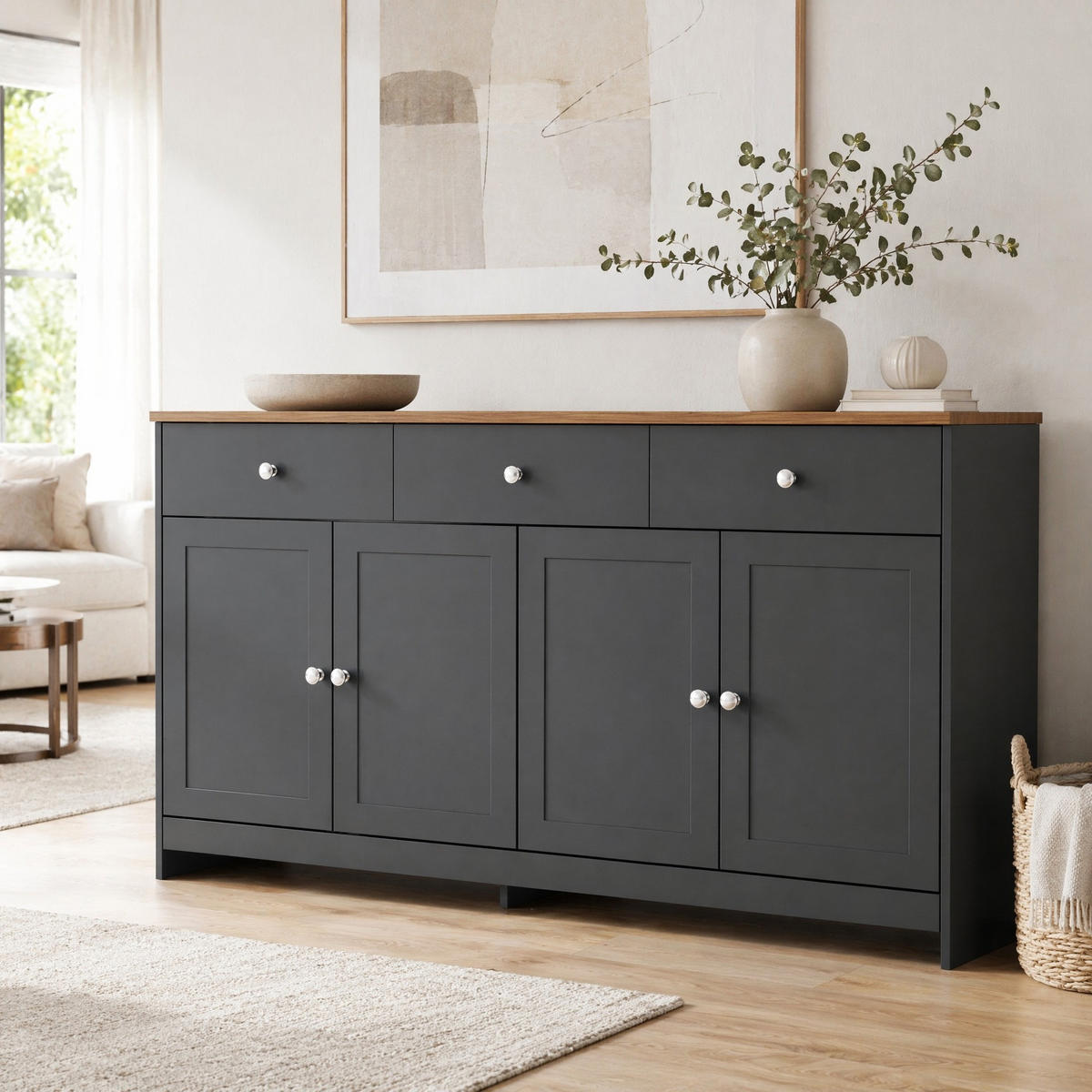SIDEBOARD in Grau Kommode mit Holzmaserung, 4 Türen und 3 Schubladen für Wohnzimmer und Esszimmer, B160/T37/H75cm - Schwarz/Grau, Holzwerkstoff/Metall (160/75/37cm) - STILVORA