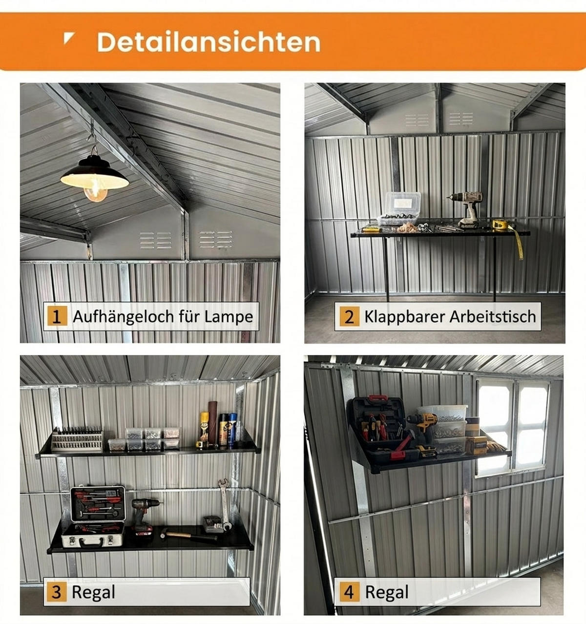 GERÄTEHAUS 374.9/307.8/204.8 cm Grau mit Tür, Schloss, Fenster, klappbarem Tisch und Regalen (10,34m²) - Grau, Metall (307.8/204.8/374.93cm) - Oxeza