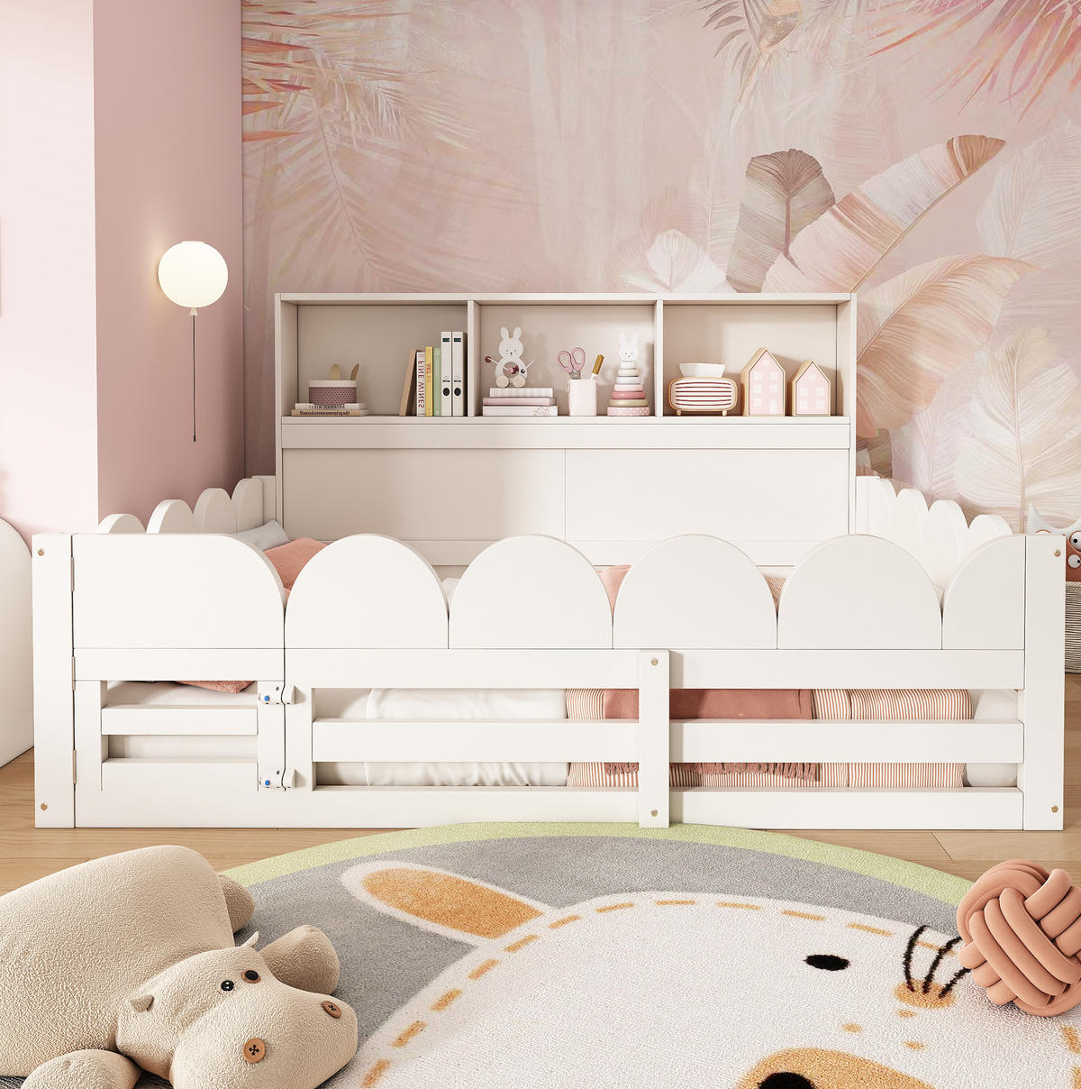 KINDERBODENBETT 140/200 cm aus Holz mit Rausfallschutz Tür und Regal Weiß - Weiß, Holz (90/200cm) - Modenvie