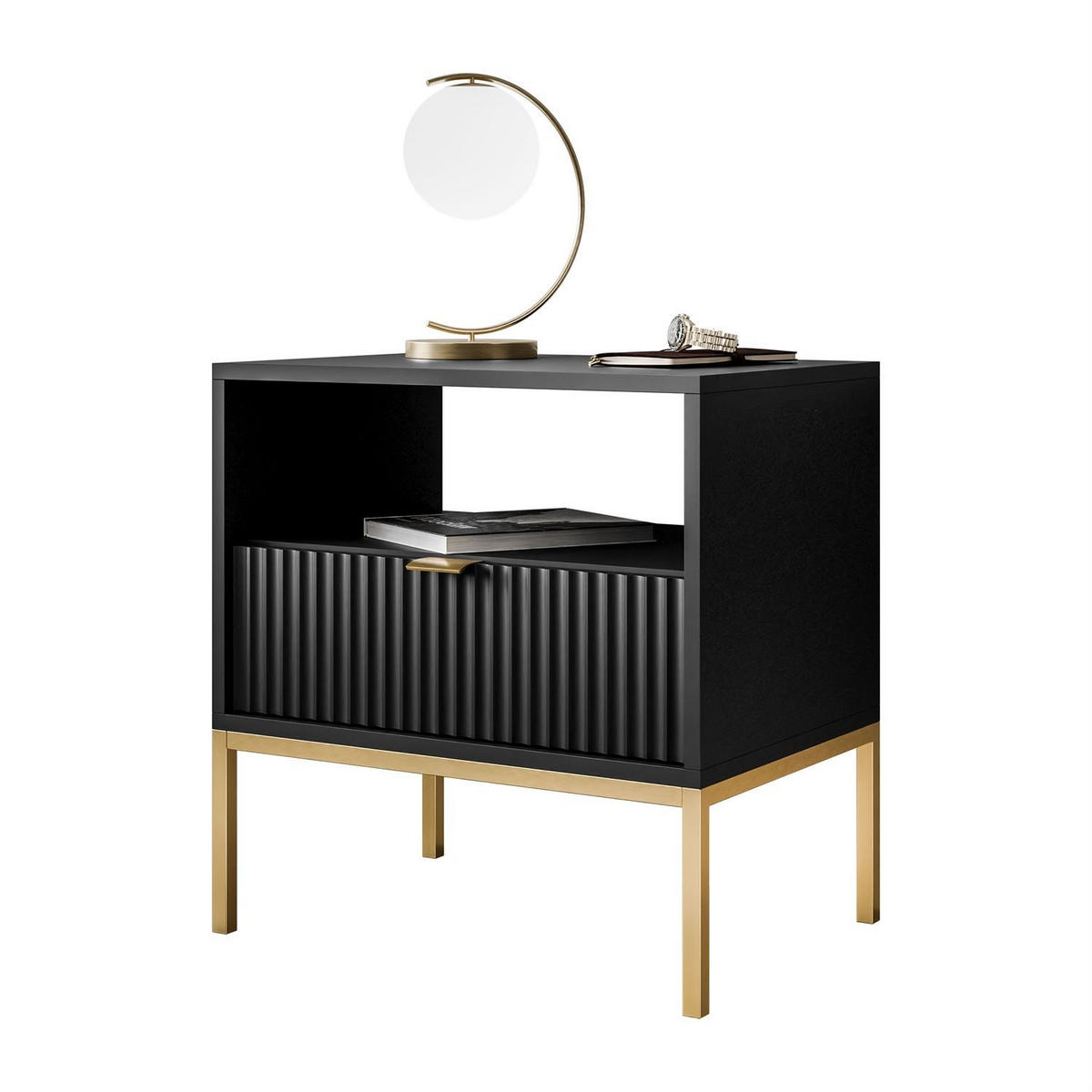 NACHTTISCH CORTADO GOLD S54 SCHWARZ - Schwarz, Holzwerkstoff (54/56/39cm) - Lookway