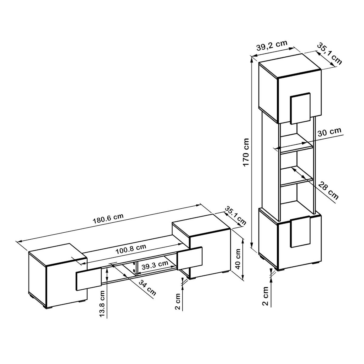 WOHNWAND TORINO Hängend + Stehend, 2-er Set, Mattes Finish, Schwarz + + Eiche Wotan - Eiche Wotan/Schwarz, Holzwerkstoff/Kunststoff (220/172/35cm) - Komodee