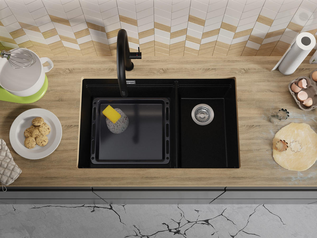 SPÜLBECKEN Praga Slim Duo, 2-er set Schwarz 76/47 cm 2 Becken + Ablauf-Set + Aufrollbare Abtropffläche ab 80er Unterschrank - Chromfarben/Schwarz, Kunststoff (76/20/47cm) - Primagran
