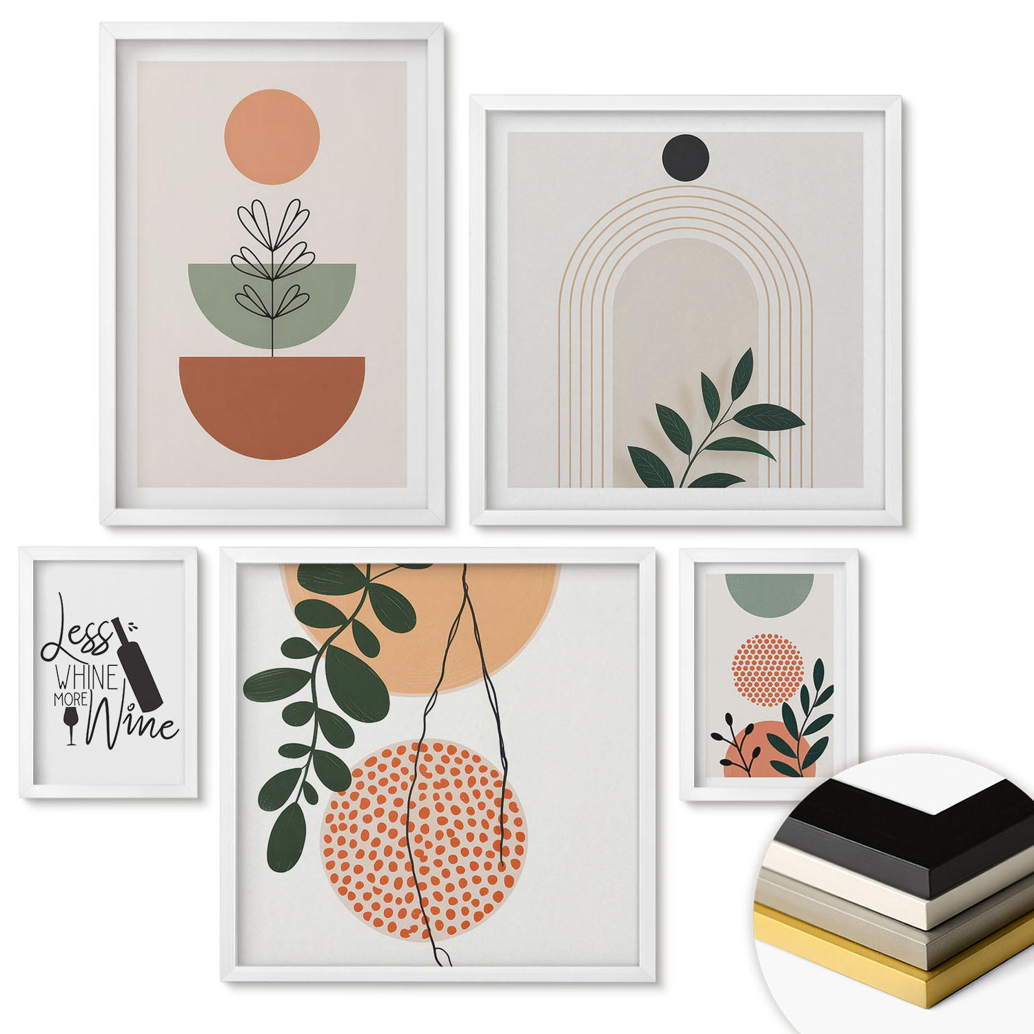 WANDBILDER 5er-Set - 50x50 cm & 20x30 cm & 40x60 cm Weißer Rahmen - Abstrakte Pflanzenformen - Weiß, Kunststoff (40/60cm) - ArtPrintCave