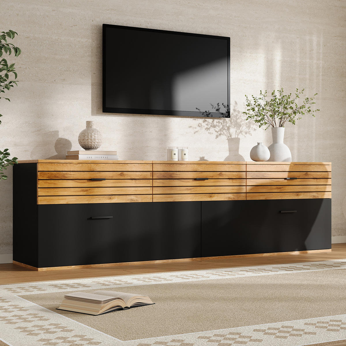 TV-ELEMENT168X38X59CM Holz-Schwarz für 65-Zoll TV mit 3 Schubladen - Naturfarben, Holz (45.01/23.01/68.5cm) - Raelunyi