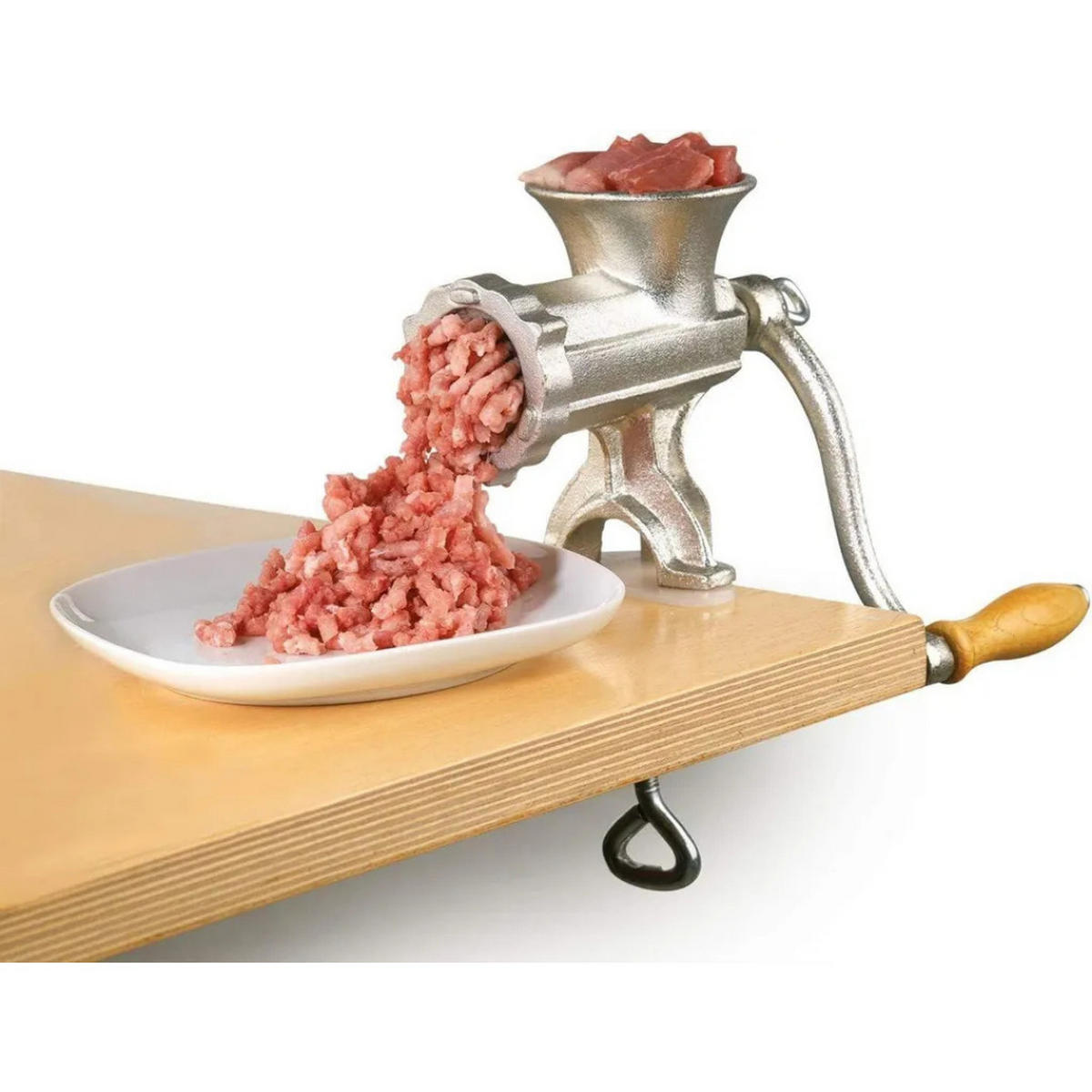 FLEISCHWOLF Maku Größe 5 manuell mit Lochscheibe 4,5 mm - Silberfarben, Holz/Metall (10/10/15cm) - JUNG