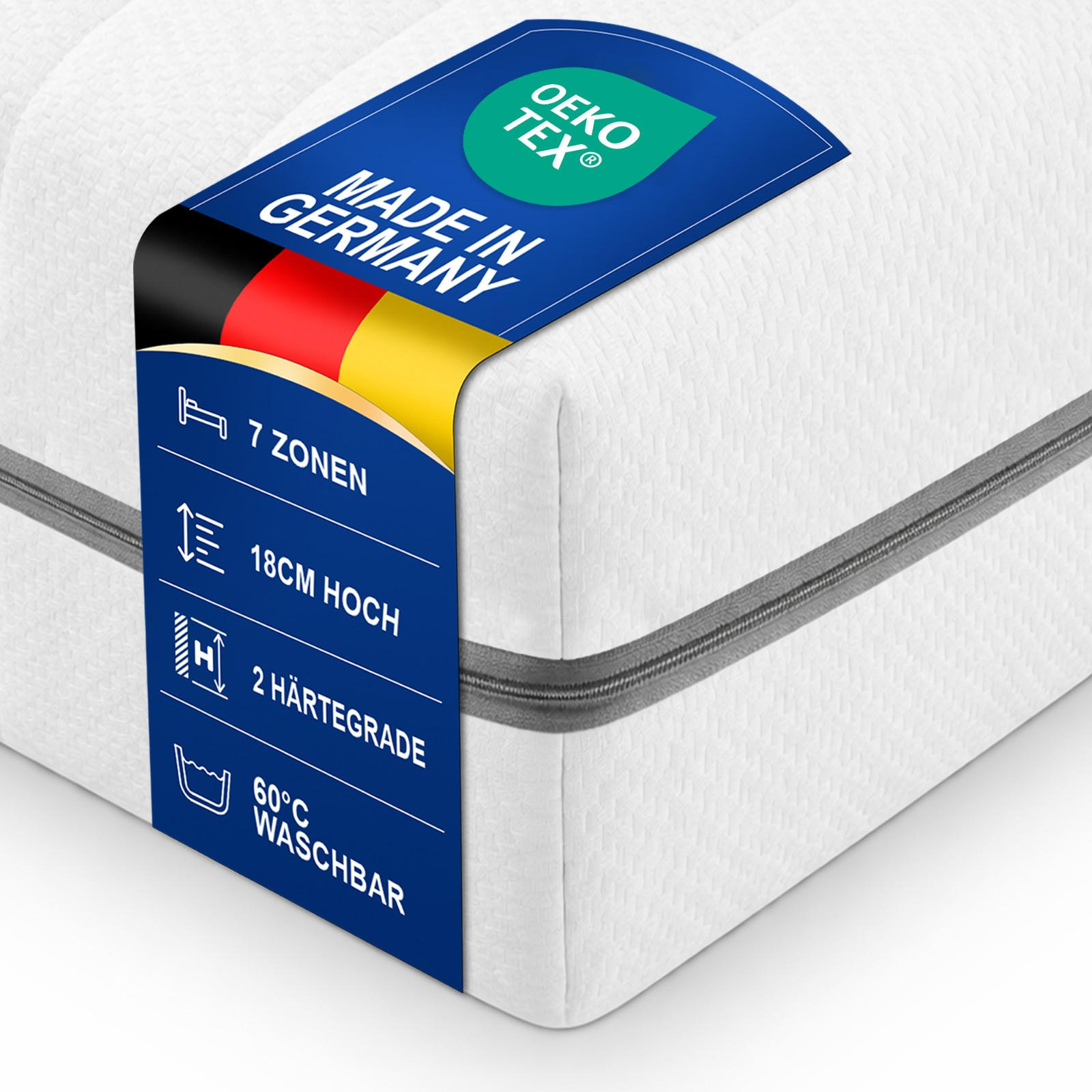 KALTSCHAUMMATRATZE 180x200 cm – 7-Zonen, H3+H4 Höhe 18cm, mit waschbarem Bezug - Weiß, Textil (180/200cm) - Sleepneo