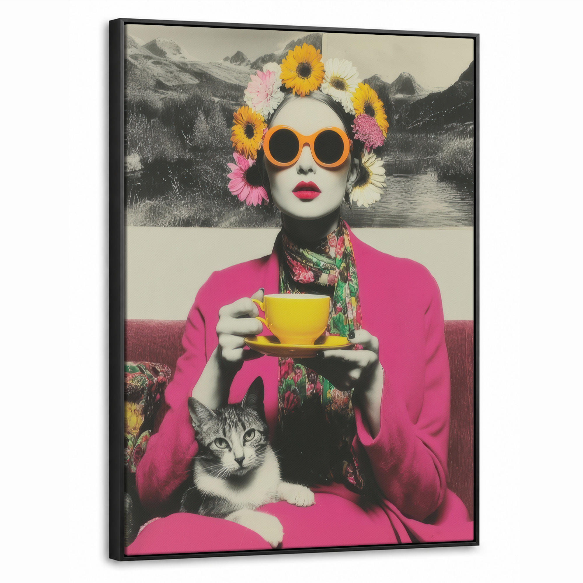 LEINWAND Bilder mit Rahmen - Frau - Katze - Blumen - Tasse - Retro - 70x100 - Magenta, Textil (70/100cm) - MuchoWow