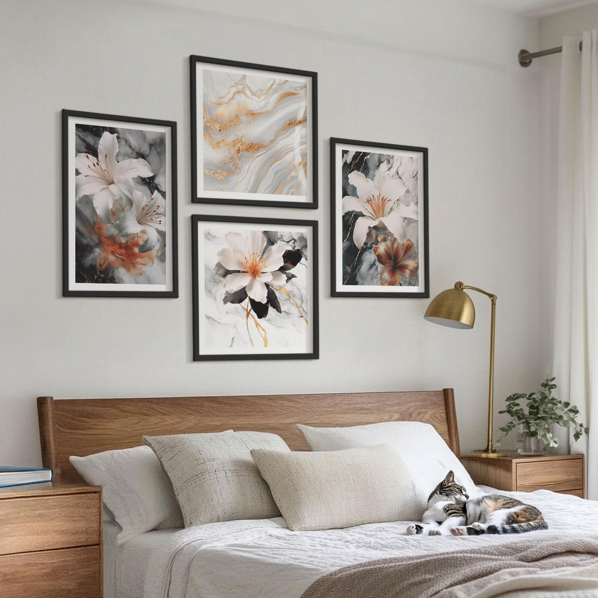 WANDBILDER 4er-Set - 50x50 cm & 40x60 cm Schwarzer Rahmen - Blumen Marmor weiß schwarz - Schwarz, Kunststoff (50/50cm) - ArtPrintCave