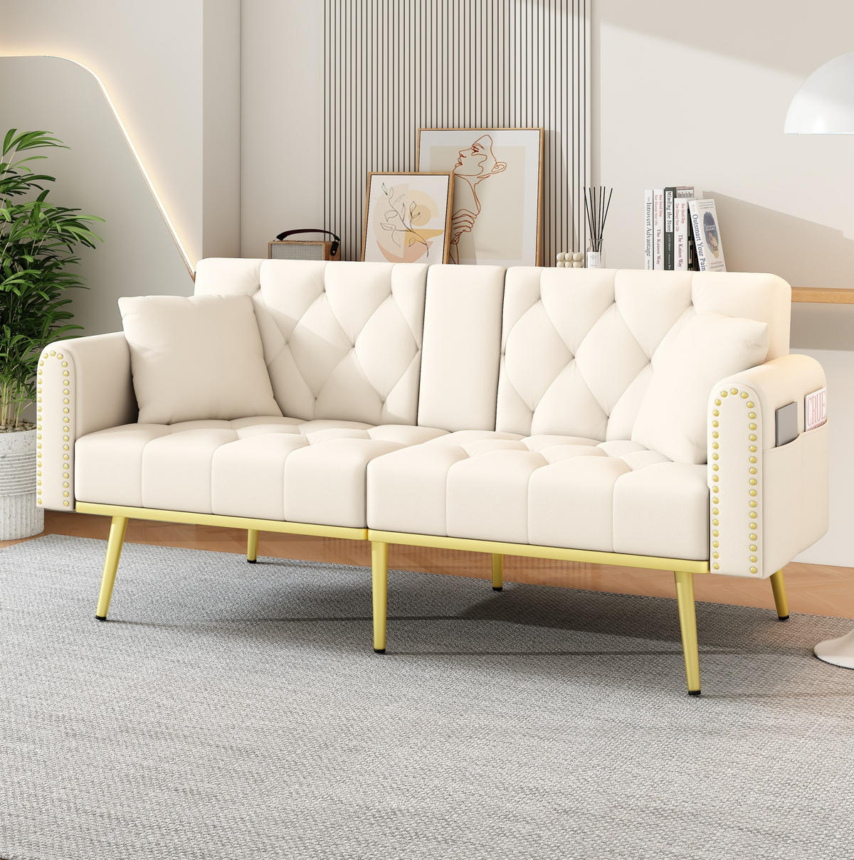 SCHLAFSOFA mit Liegefunktion 175 x 80 x 73,5 cm Samt Beige - Beige, Kunststoff (175/73.5/80cm) - Meubliv