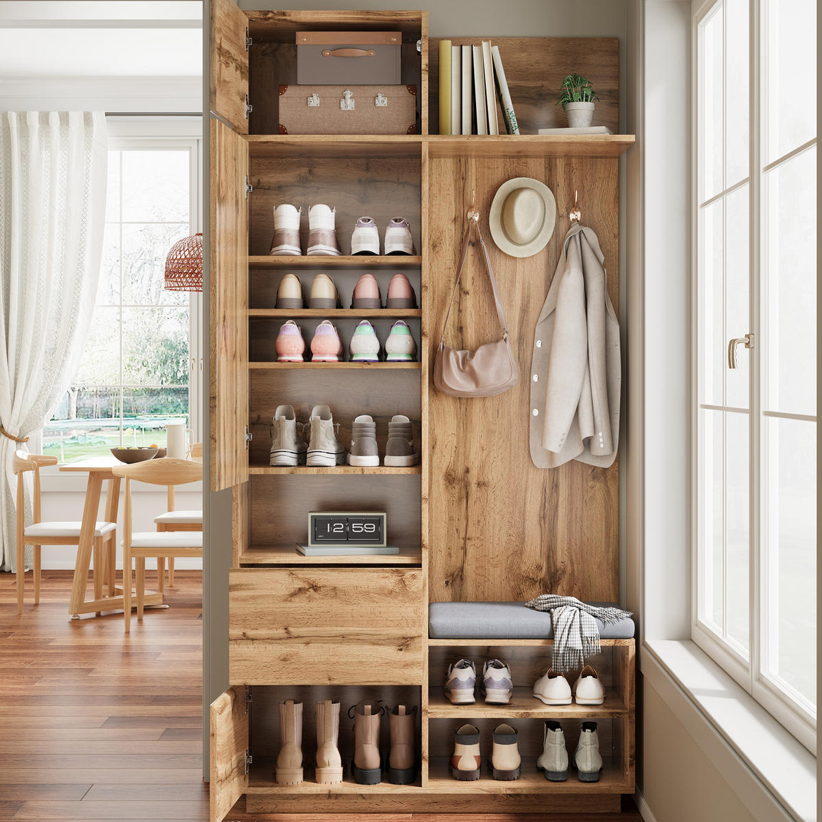 GARDEROBE Spiegel Sitzbank Schuhschrank - Naturfarben, Holz (90/190/34.5cm) - Fortuna Lai