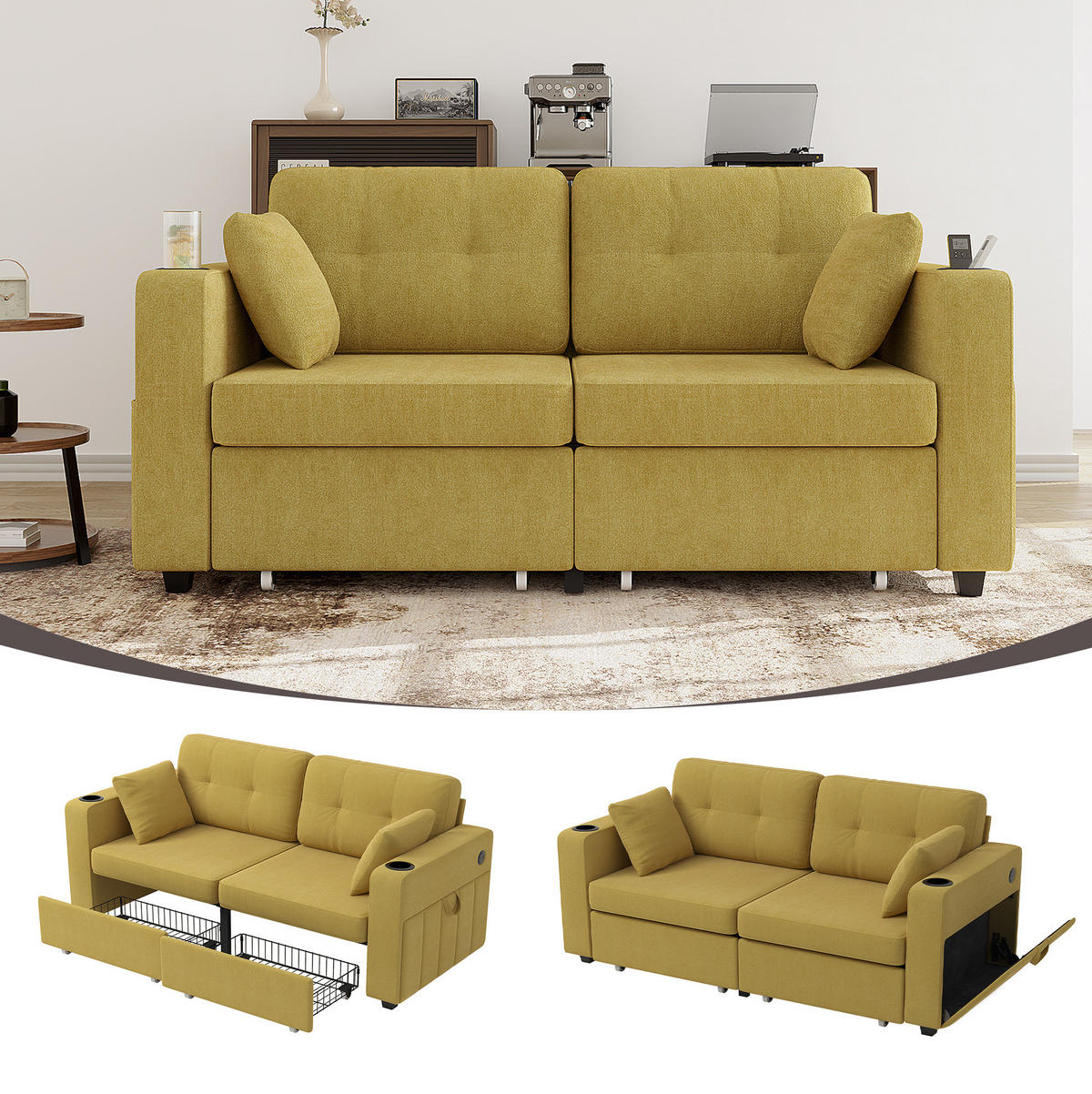 2-SITZER Sofa 172/75/82 cm mit USB-Anschlüssen, Stauraumschubladen und Getränkehaltern, Chenille, Senfgelb - Gelb, Textil (172/82/75cm) - Redom