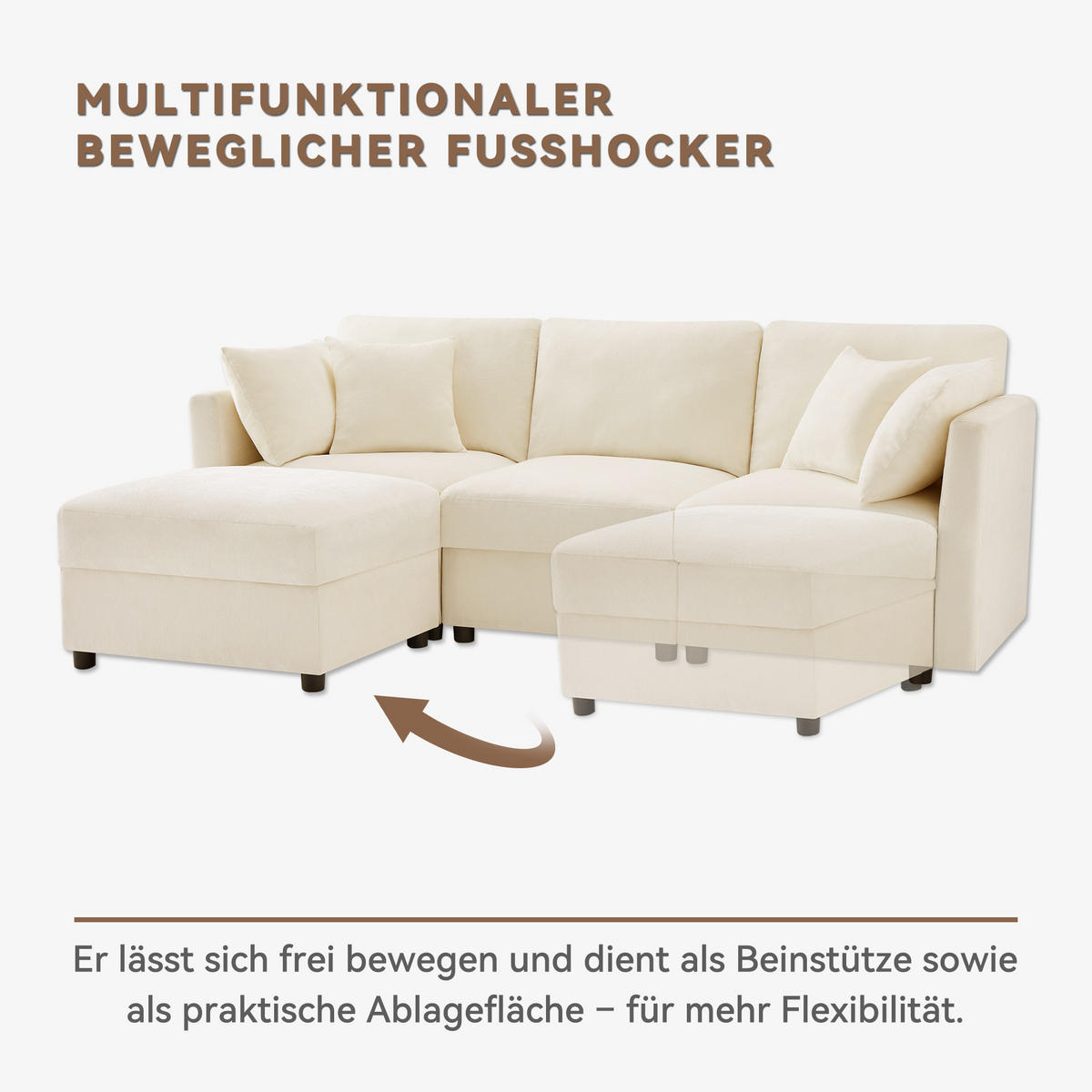 ECKSOFA, Chenille mit verstellbaren Armlehnen & Hocker, 218/156,5/86 cm, Beige - Beige, Textil (156.5/218cm) - Redom