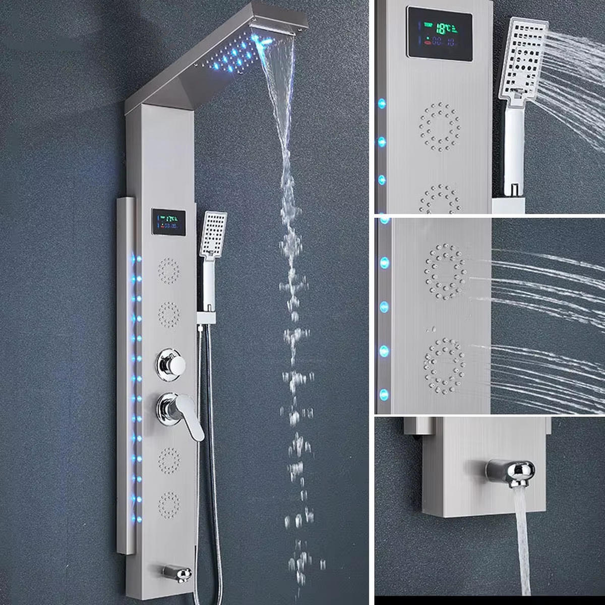 ÜBERKOPFBRAUSESET Silber LED Edelstahl Regendusche Massagedusche Duschpaneel - Silberfarben, Metall (15/125/46cm) - Kaket