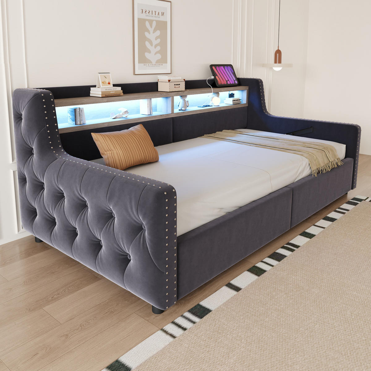SCHLAFSOFA 90/200 cm mit LED, Stauraum, Ablage, Steckdose und USB-C, Samt mit Lattenrost, Dunkelgrau - Dunkelgrau, Textil (104/81/216cm) - Redom
