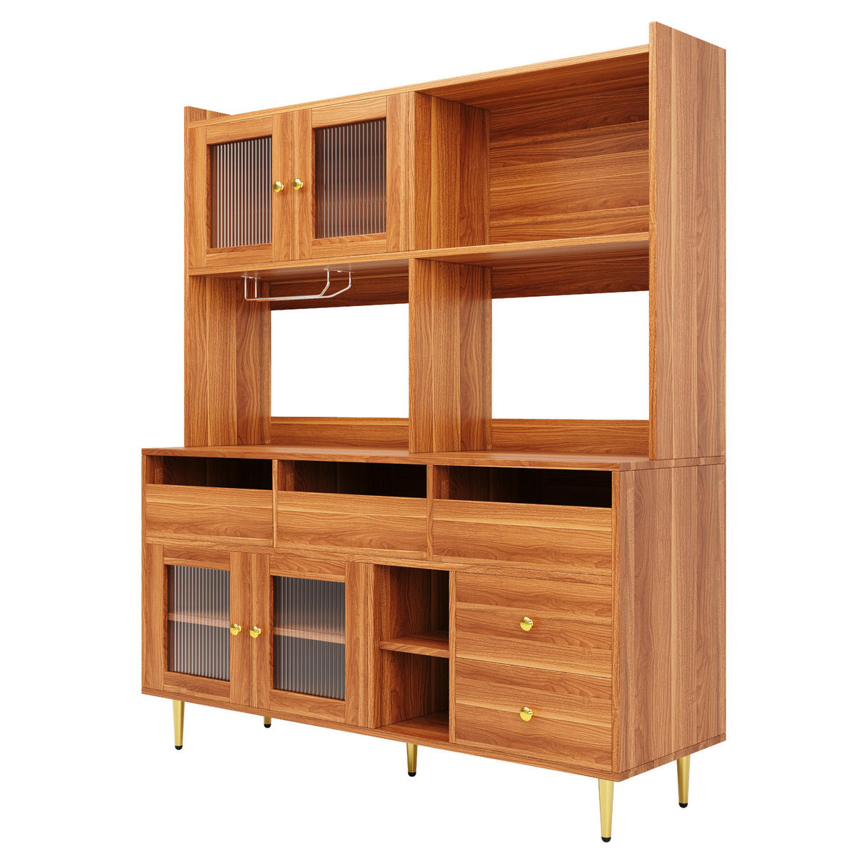BUFFET 145/39/171 cm aus MDF mit Changhong-Glastüren und Weinregal Walnussbraun - Walnussfarben, Holzwerkstoff (39/171/145cm) - Modenvie