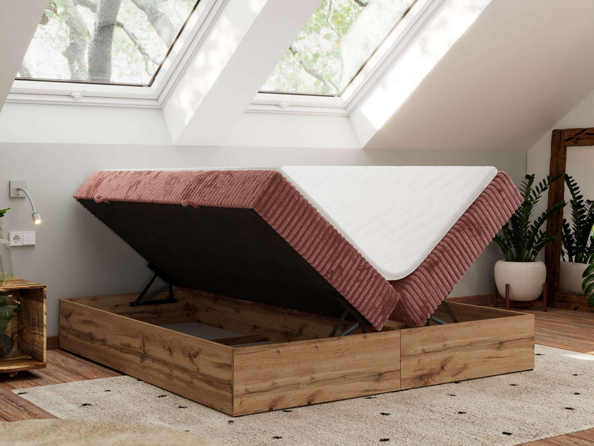 BOXBETT WOOD ZERO 160/200 - Rosa Cord - H3 - Topper Visco - Rosa, Textil (160/200cm) - MKS