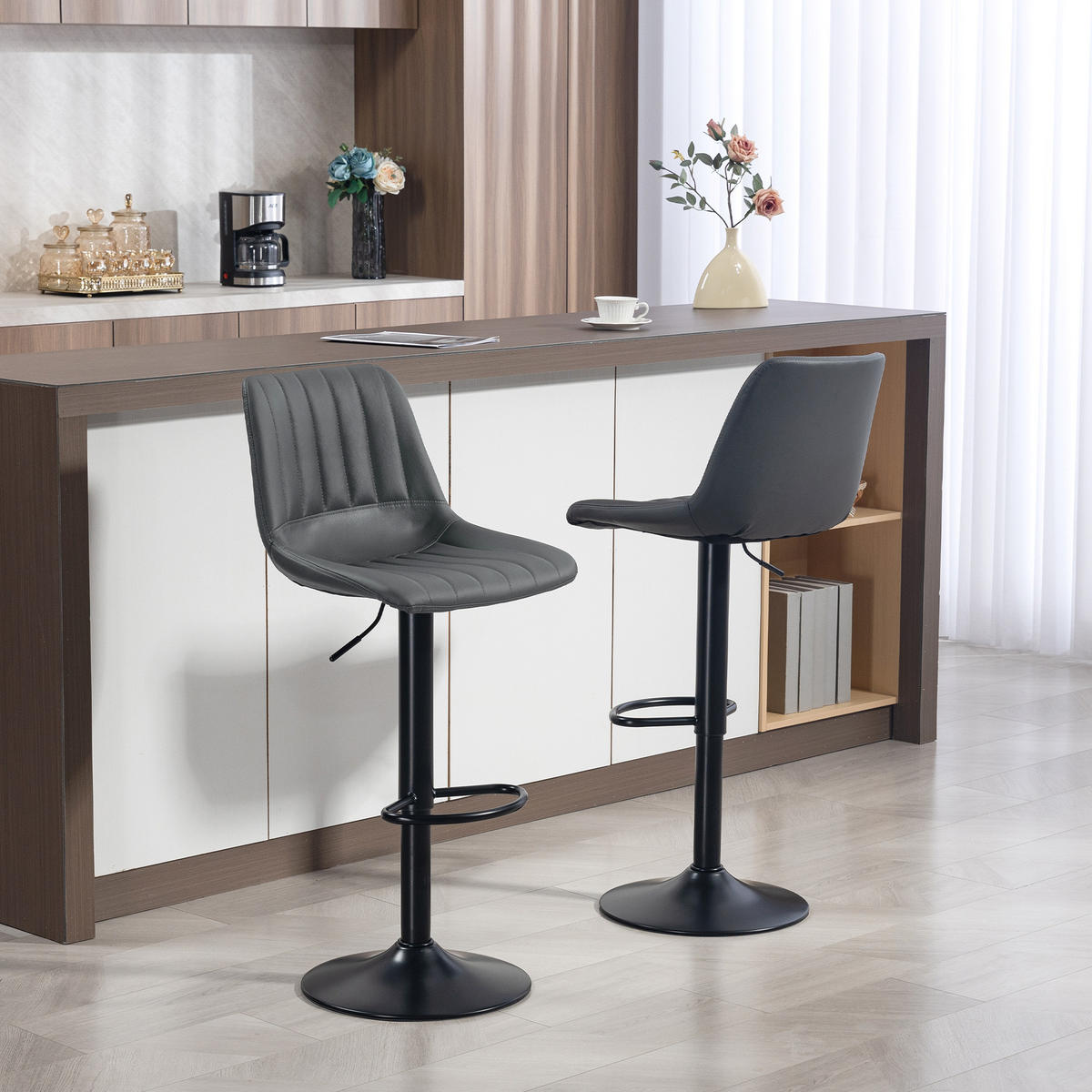 BARHOCKER 2er-Set Dunkelgrau 43.0/49.5/111.0 cm - Dunkelgrau, Leder (49.5/111/43cm)