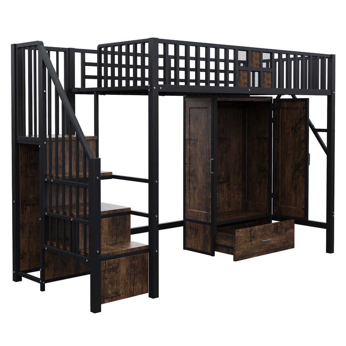 HOCHBETT 90x200 Metall Holz Gitter Kleiderschrank Stauraum Schwarz - Schwarz, Holzwerkstoff - FLIEKS