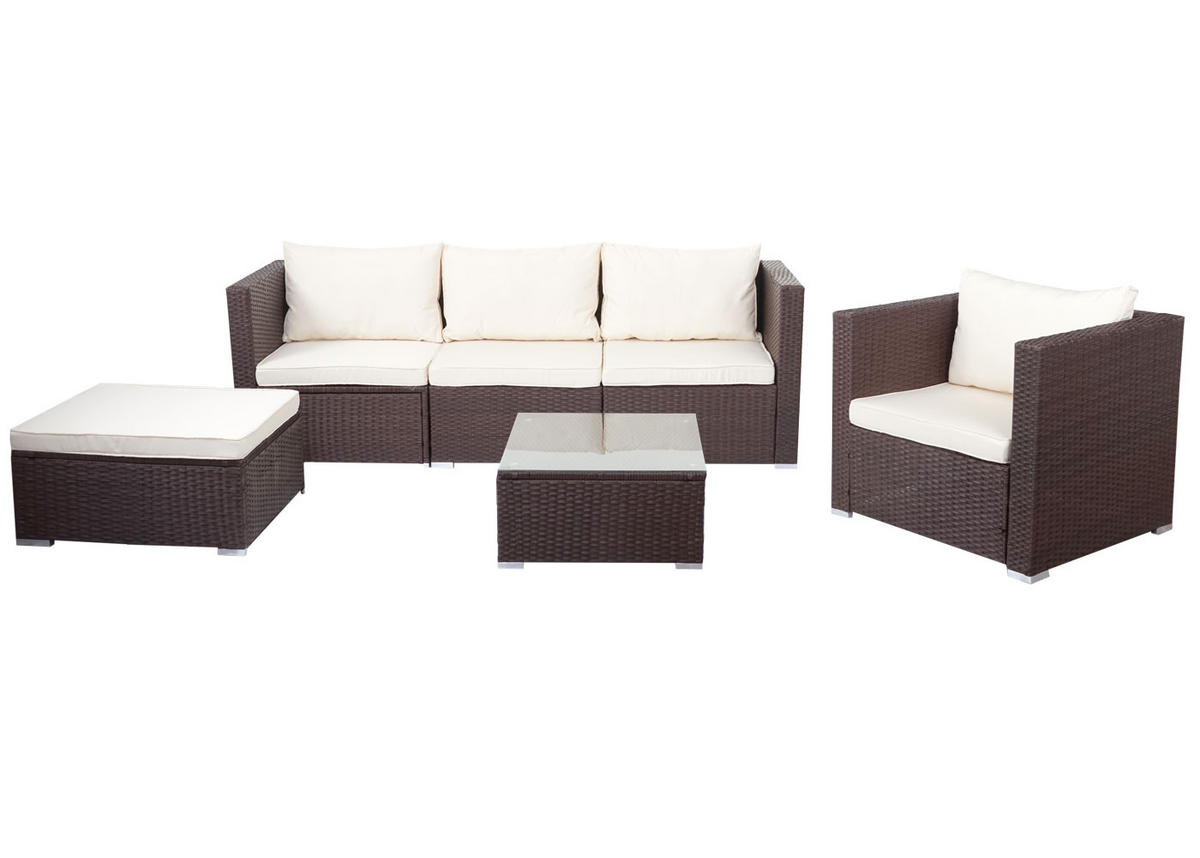 POLY-RATTAN-GARNITUR Braun, Cremeweiß - Braun/Weiß, Kunststoff - MCW