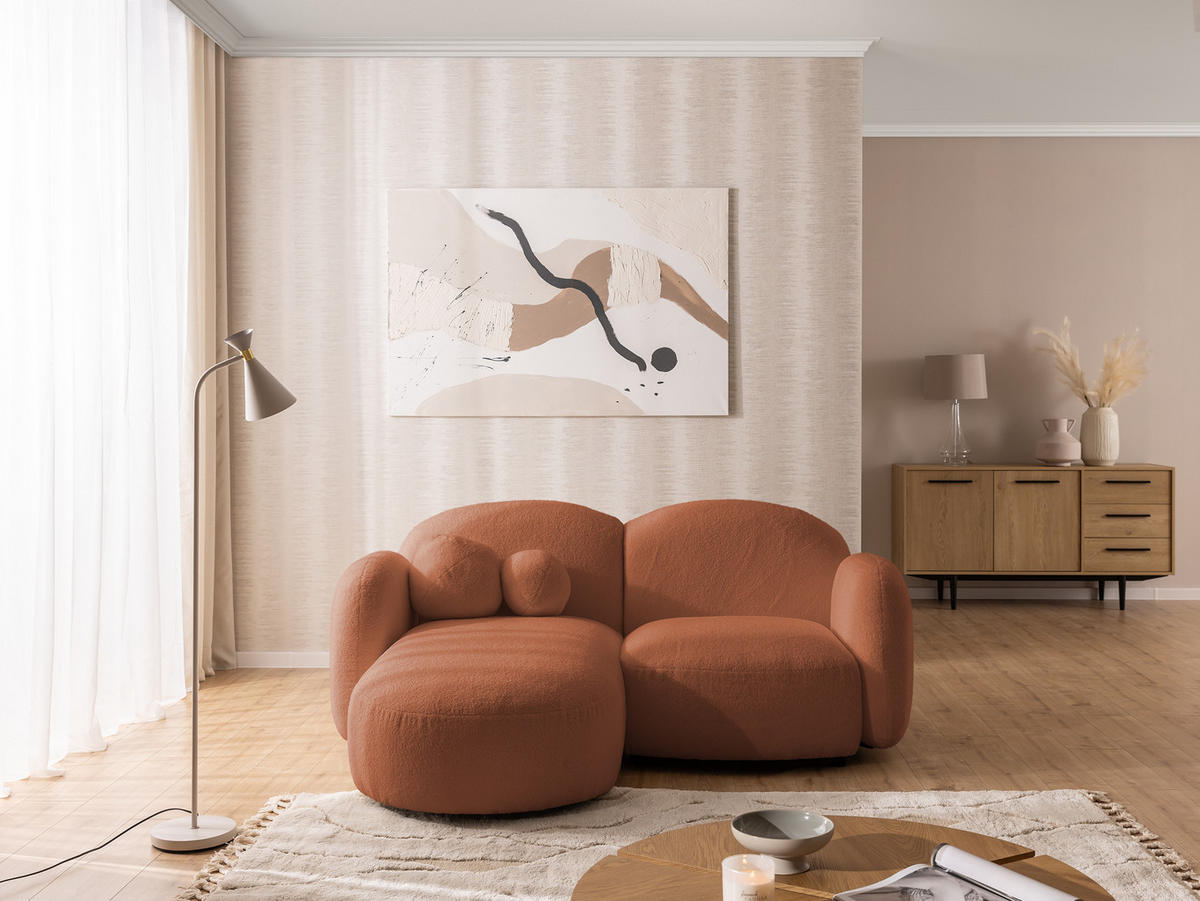 ECKSOFA Nuvola mit abgerundetem Design Terrakotta Bouclé-Stoff - Ottomane Links - Terra cotta/Schwarz, Holz/Kunststoff (190/146cm) - S-Style Möbel